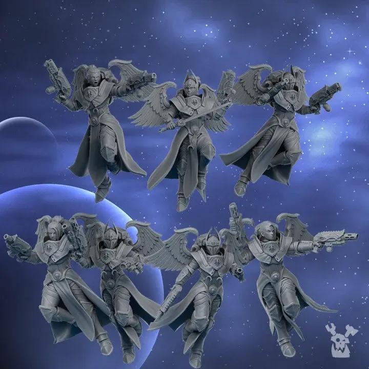 3D printed Lunar Angels Squad of five models by Last Hope Miniatures, detailed sci-fi miniatures from DakkaDakka.