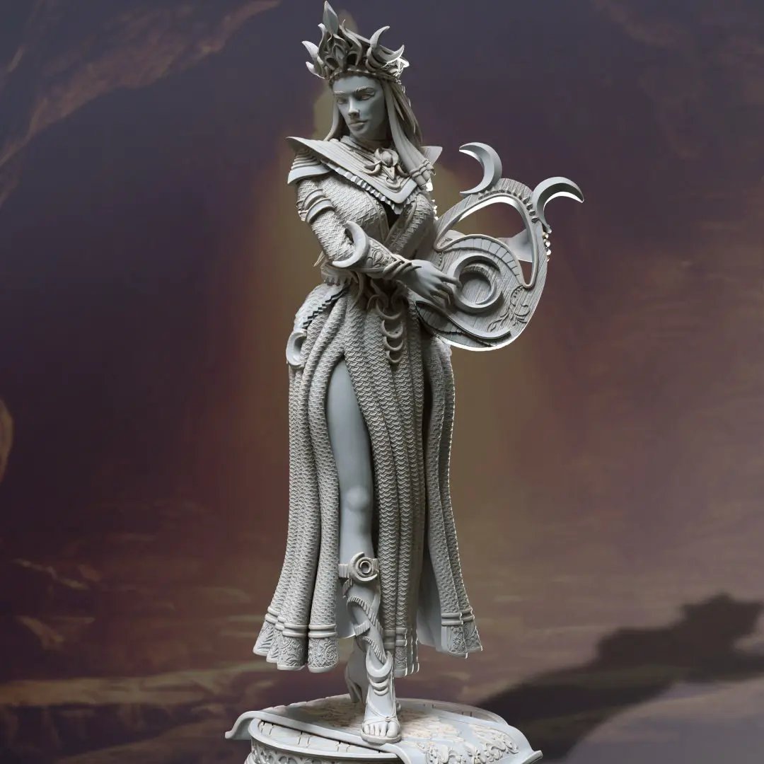 3D printed Lunar Goddess model by Last Hope Miniatures, featuring intricate lunar and celestial designs, in a detailed miniature form.