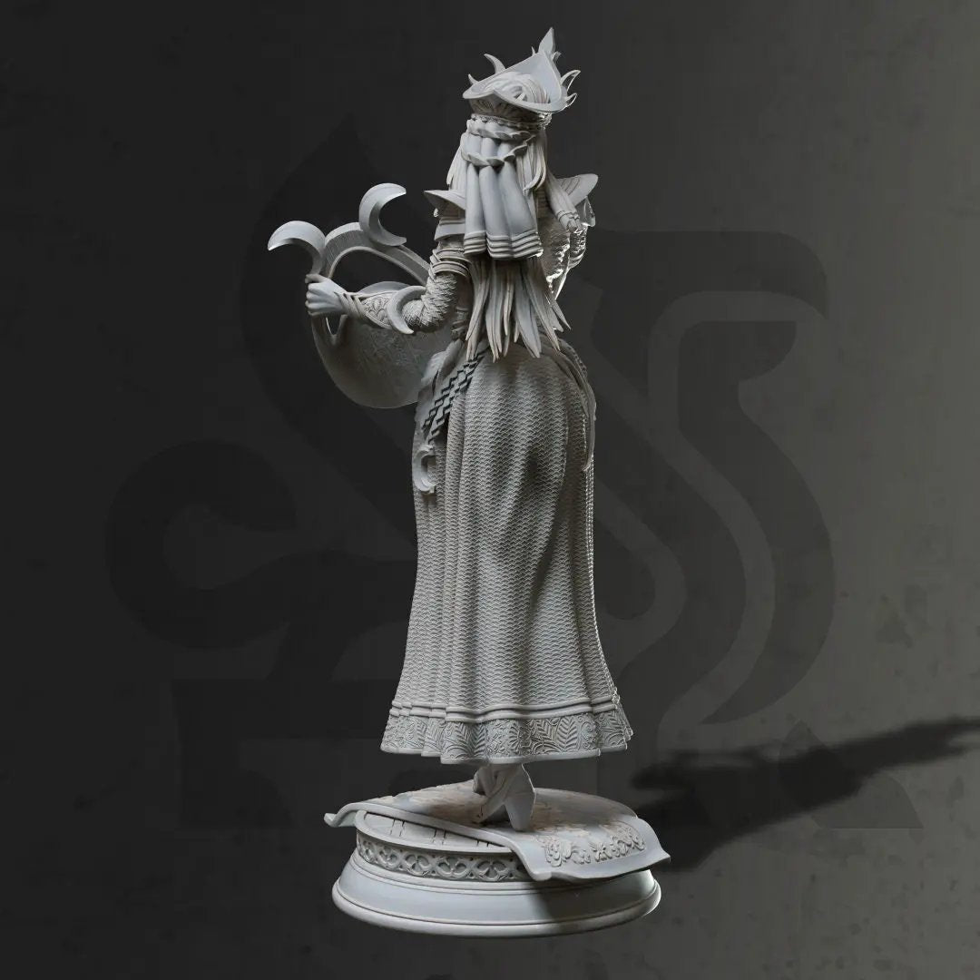 3D printed Lunar Goddess model by Last Hope Miniatures, detailed sculpture with intricate lunar and celestial designs.