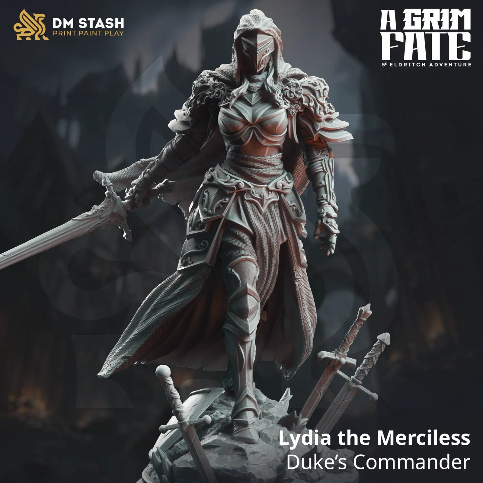 3D printed Lydia the Merciless model by Last Hope Miniatures, detailed figure with intricate design from DM Stash.
