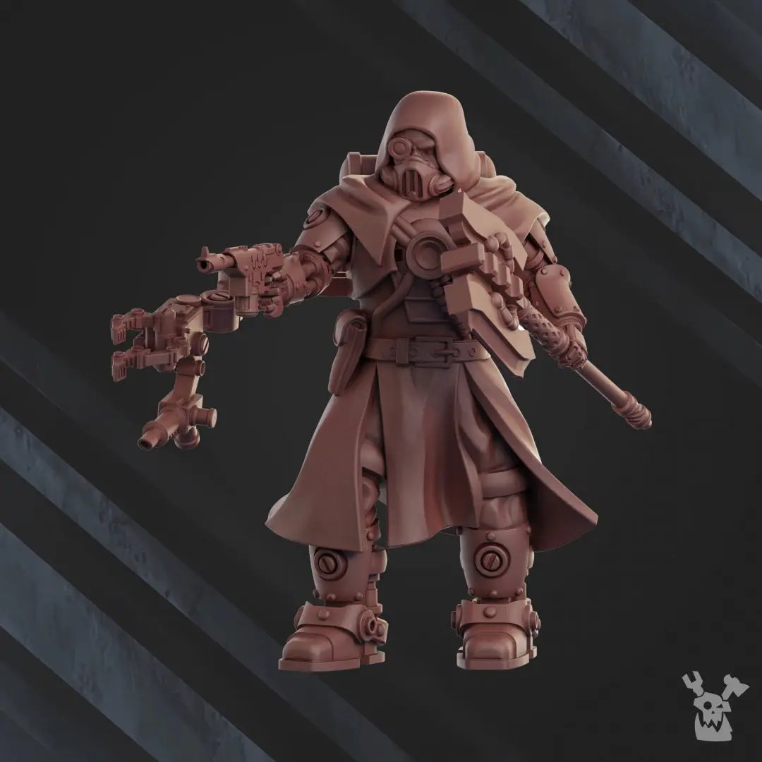 3D printed Machine Cult Engineer model by Last Hope Miniatures, detailed sci-fi figure on a black background.