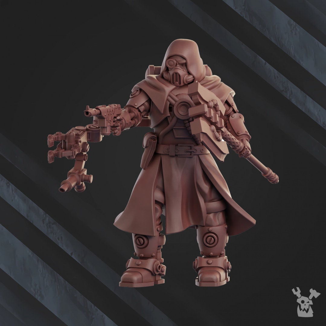 3D printed Machine Cult Engineer model by DakkaDakka Miniatures, featuring detailed mechanical armor and engineering tools.