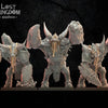 Three 3D printed Magmhorin Golems models by Lost Kingdom Miniatures, detailed stone and lava design, created by Last Hope Miniatures.