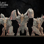 Three 3D printed Magmhorin Golems models by Lost Kingdom Miniatures, detailed stone and lava design, created by Last Hope Miniatures.