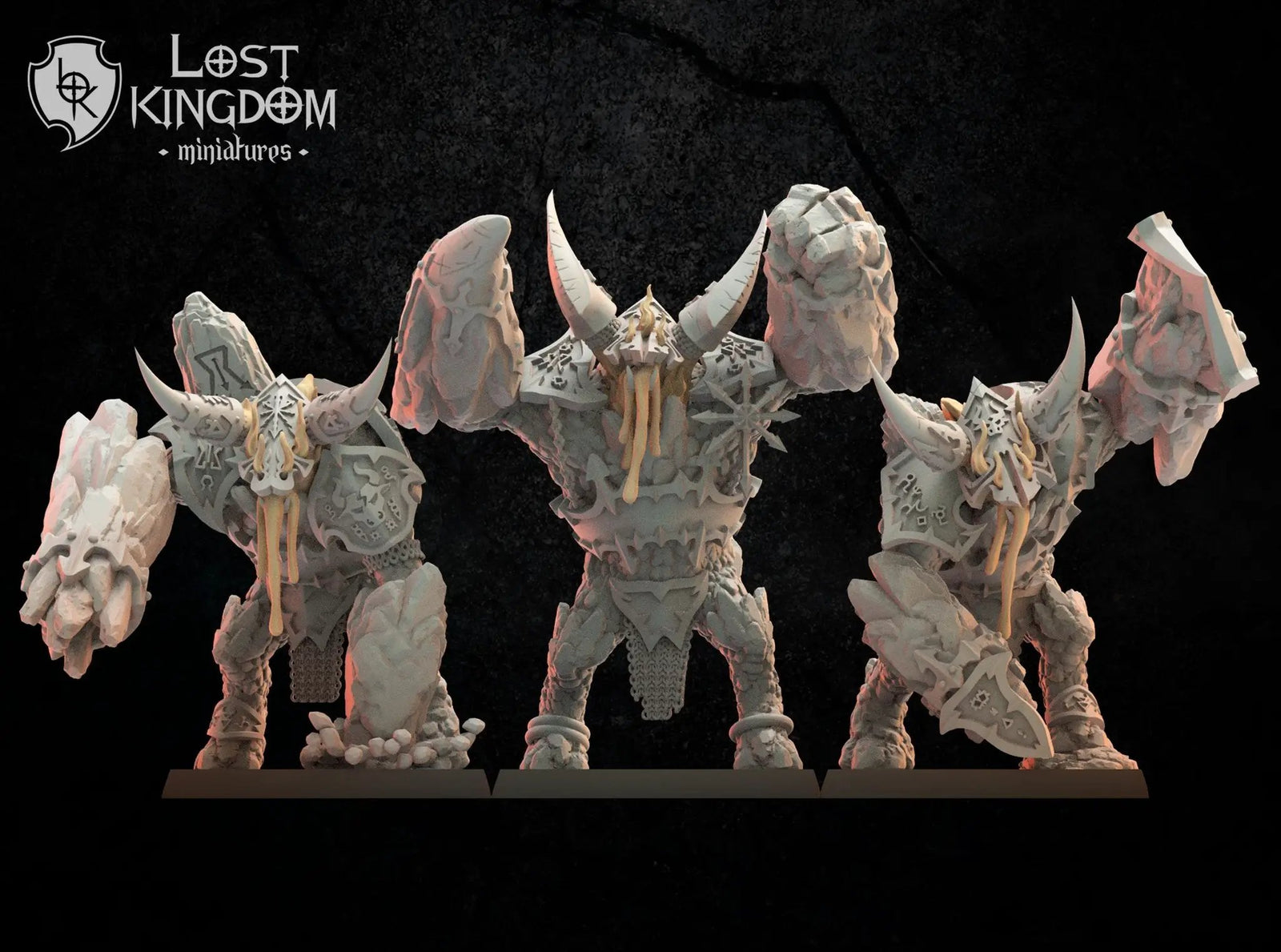 Three 3D printed Magmhorin Golems models by Lost Kingdom Miniatures, detailed stone and lava design, created by Last Hope Miniatures.