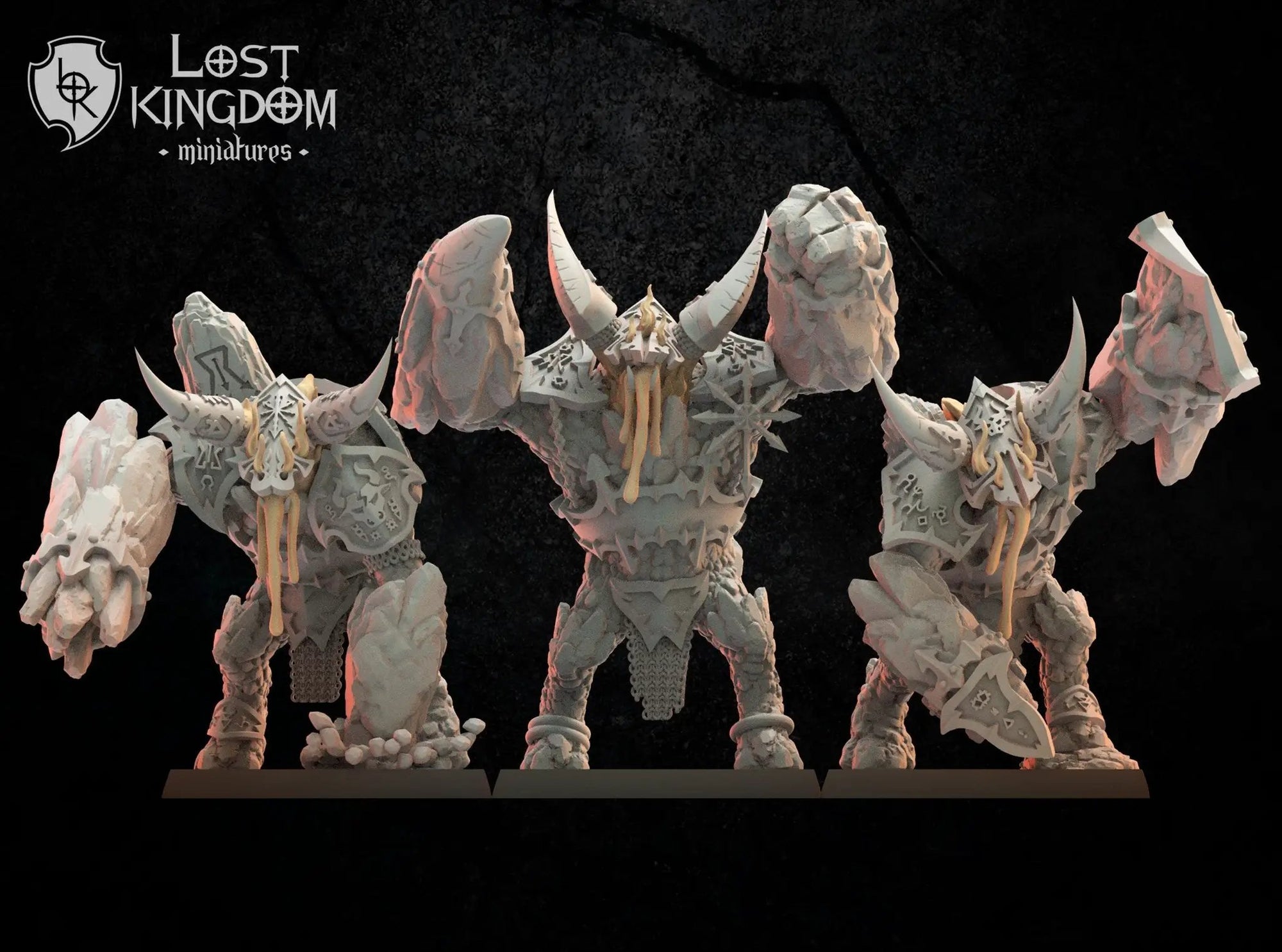 Three 3D printed Magmhorin Golems models by Lost Kingdom Miniatures, detailed stone and lava design, created by Last Hope Miniatures.
