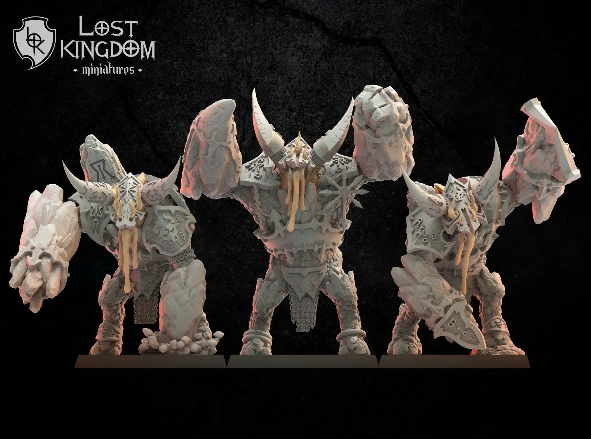 Three 3D printed Magmhorin Golems models by Lost Kingdom Miniatures, detailed stone and lava design, created by Last Hope Miniatures.