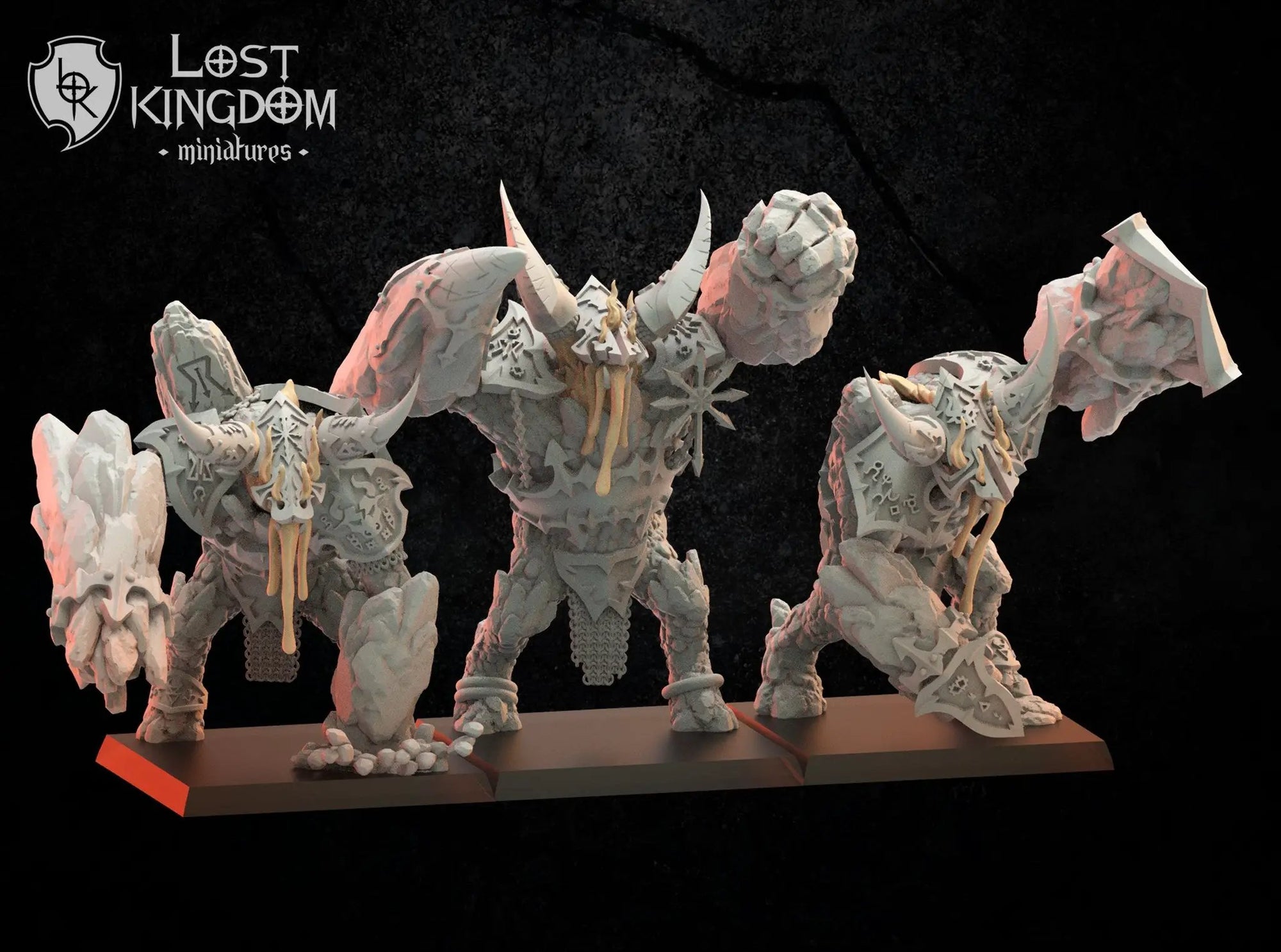 Three 3D-printed Magmhorin Golems models by Lost Kingdom Miniatures, detailed stone-like fantasy creature figures.