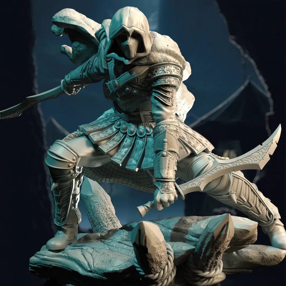 3D printed Master Assassin Rogue model by Last Hope Miniatures, showing detailed medieval fantasy character with stealthy armor