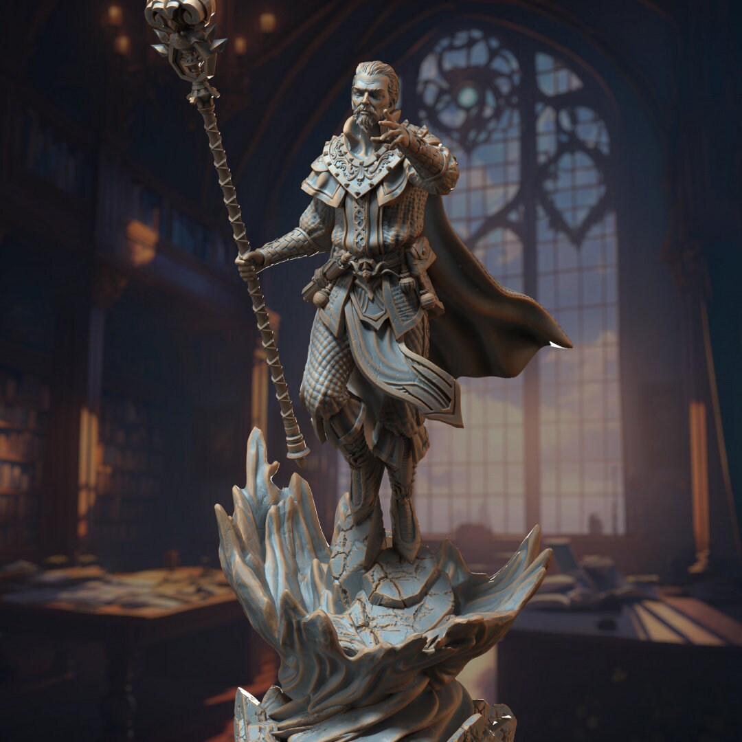 3D printed Master Sorcerer model by Last Hope Miniatures, detailed fantasy figure from DM Stash with intricate magical staff and robes.