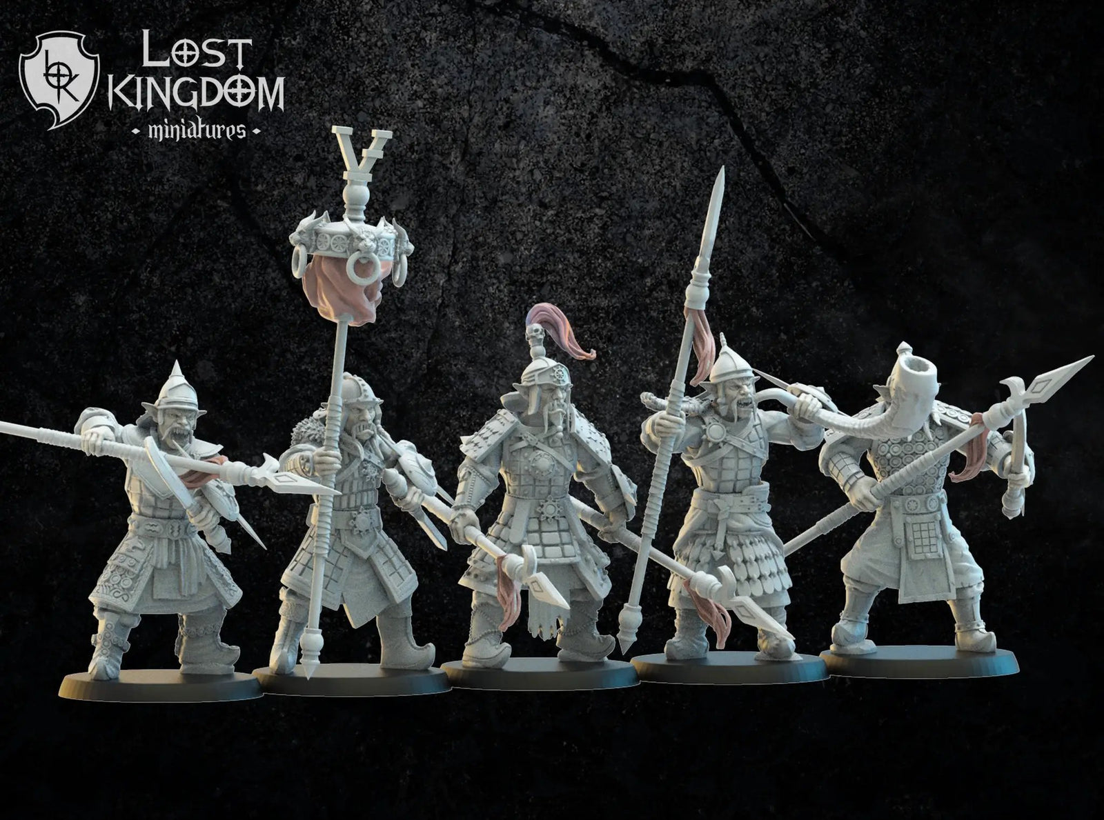 Ten 3D printed Mongobbo Foot Soldiers models by Lost Kingdom Miniatures, detailed miniatures for tabletop gaming.