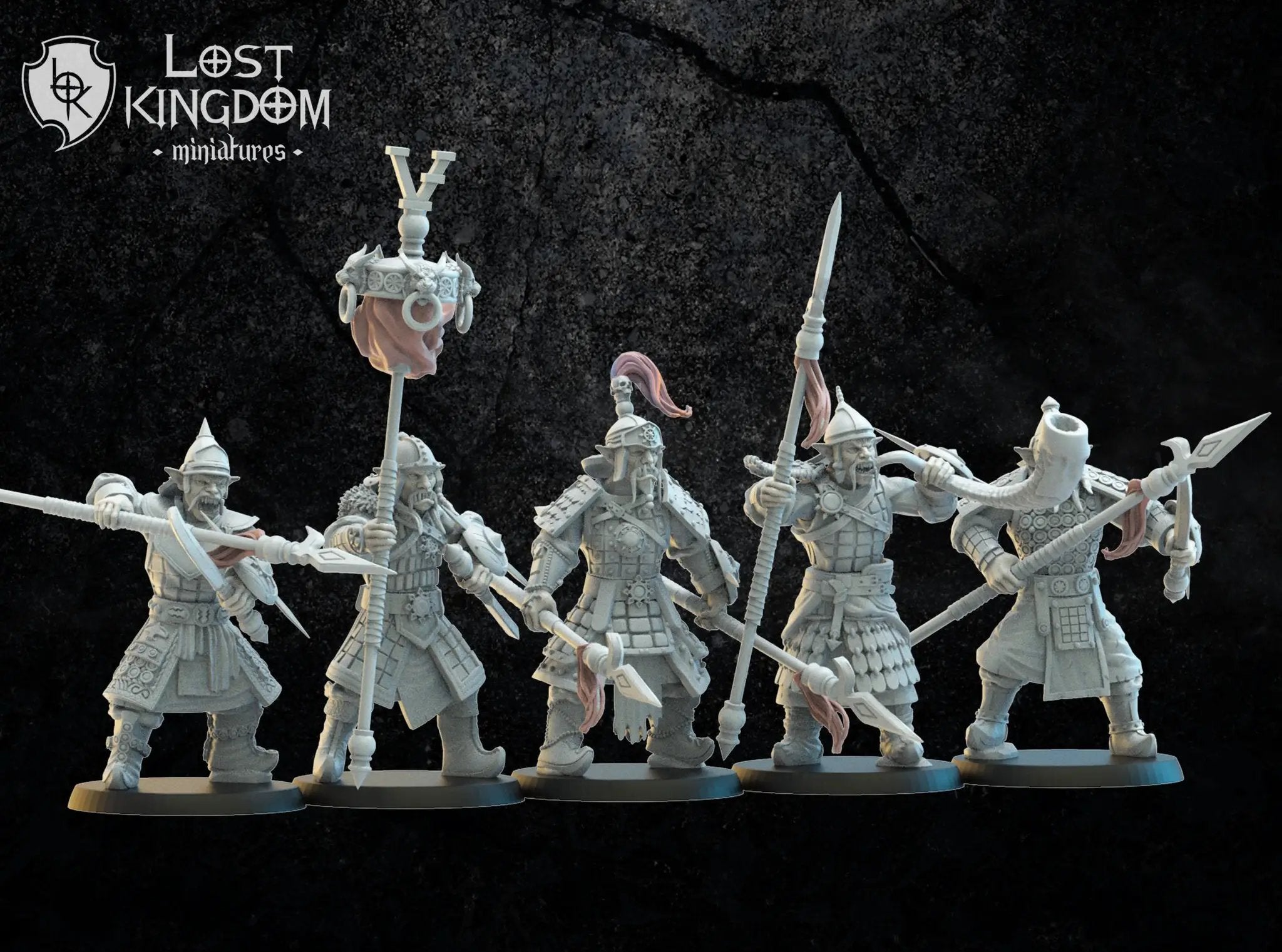 Ten 3D printed Mongobbo Foot Soldiers models by Lost Kingdom Miniatures, detailed miniatures for tabletop gaming.