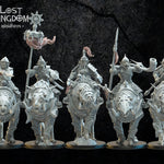 Set of five 3D printed Mongobbo Knights models by Last Hope Miniatures, detailed miniature figures from Lost Kingdom Miniatures.