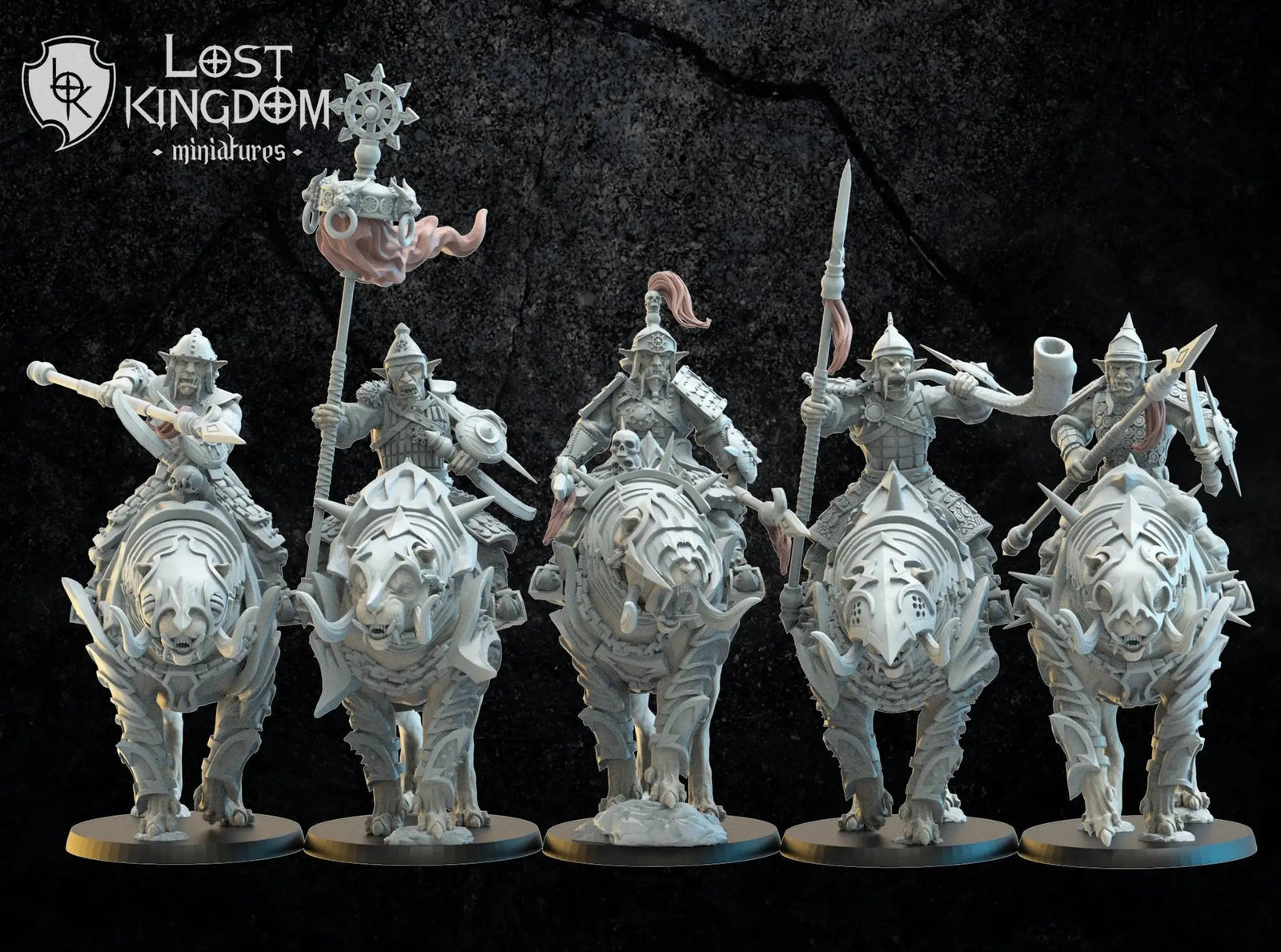 Set of five 3D printed Mongobbo Knights models by Last Hope Miniatures, detailed miniature figures from Lost Kingdom Miniatures.