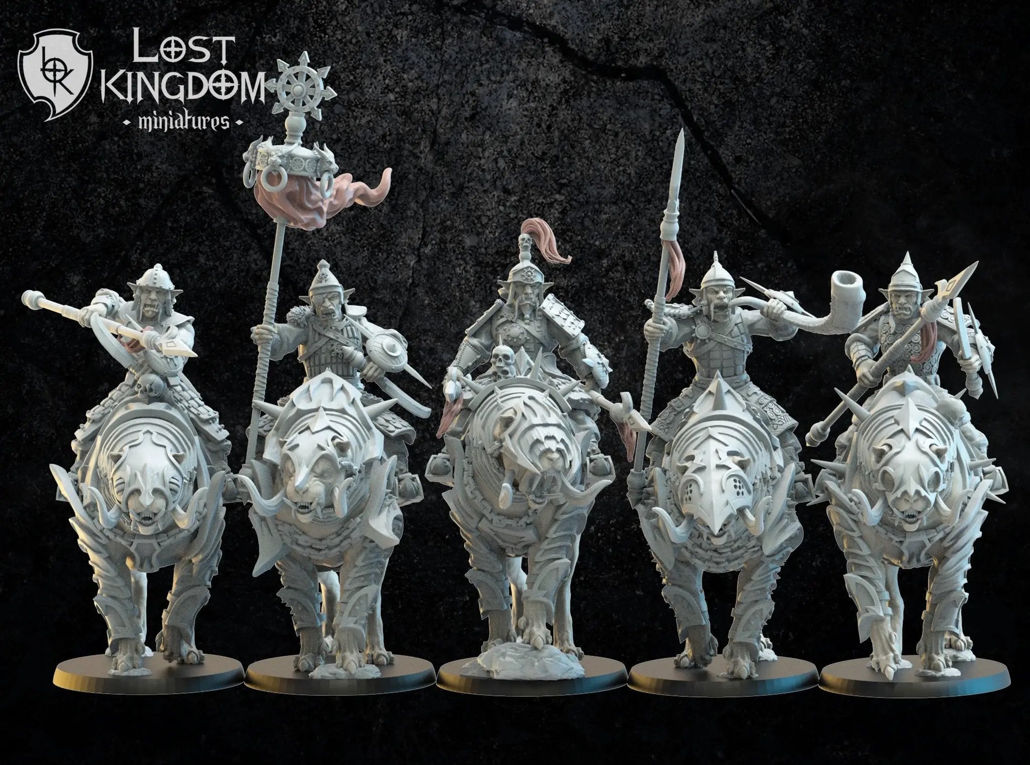 Set of five 3D printed Mongobbo Knights models by Last Hope Miniatures, detailed miniature figures from Lost Kingdom Miniatures.