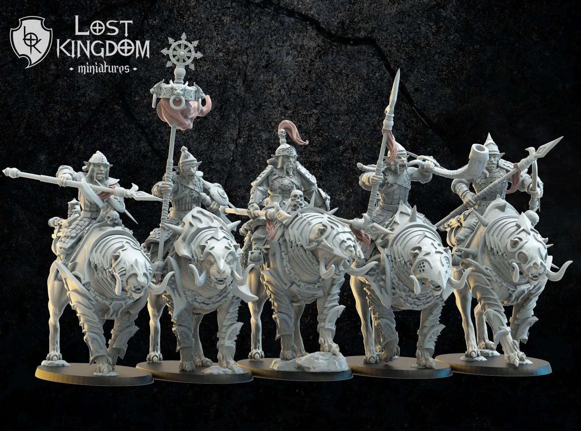 Set of five 3D printed Mongobbo Knights miniature models by Last Hope Miniatures from Lost Kingdom Miniatures.