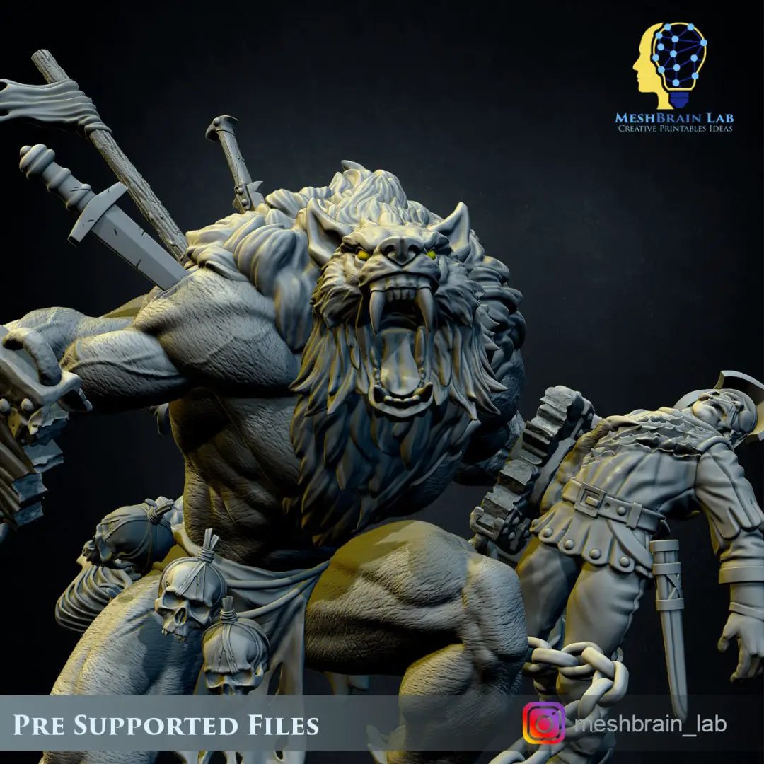 Detailed 3D printed Monstrous Werewolf model by Meshbrain Labs, designed by Last Hope Miniatures, shown from front angle.