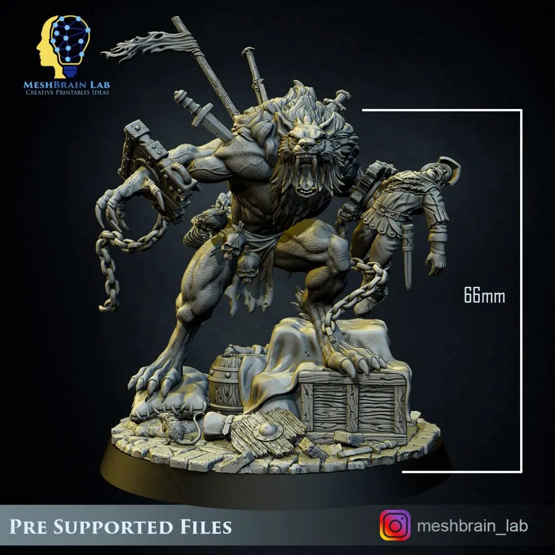 3D printed Monstrous Werewolf model by Meshbrain Labs, detailed creature with fur and menacing stance, from Last Hope Miniatures.