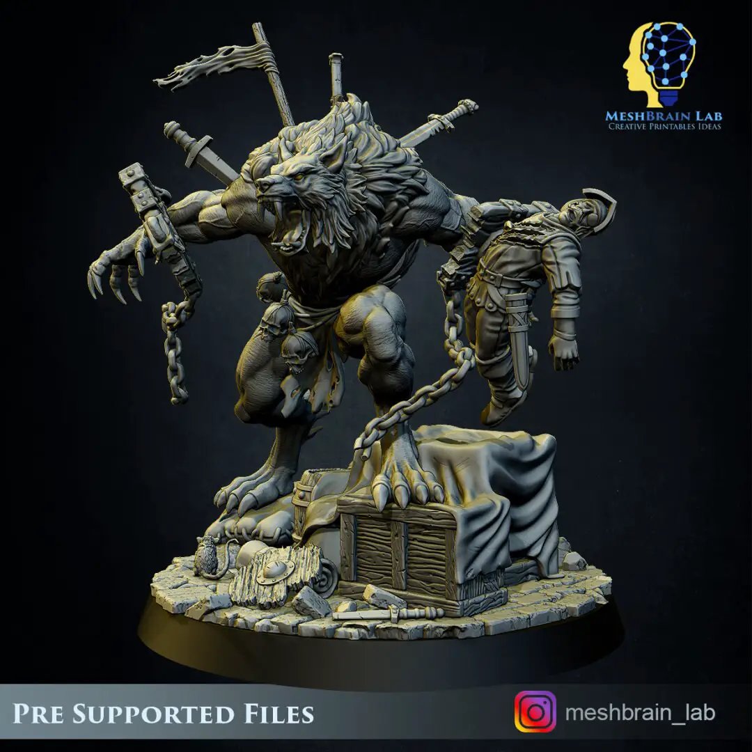 3D printed Monstrous Werewolf model by Meshbrain Labs, detailed fantasy creature from Last Hope Miniatures, shown in full view.