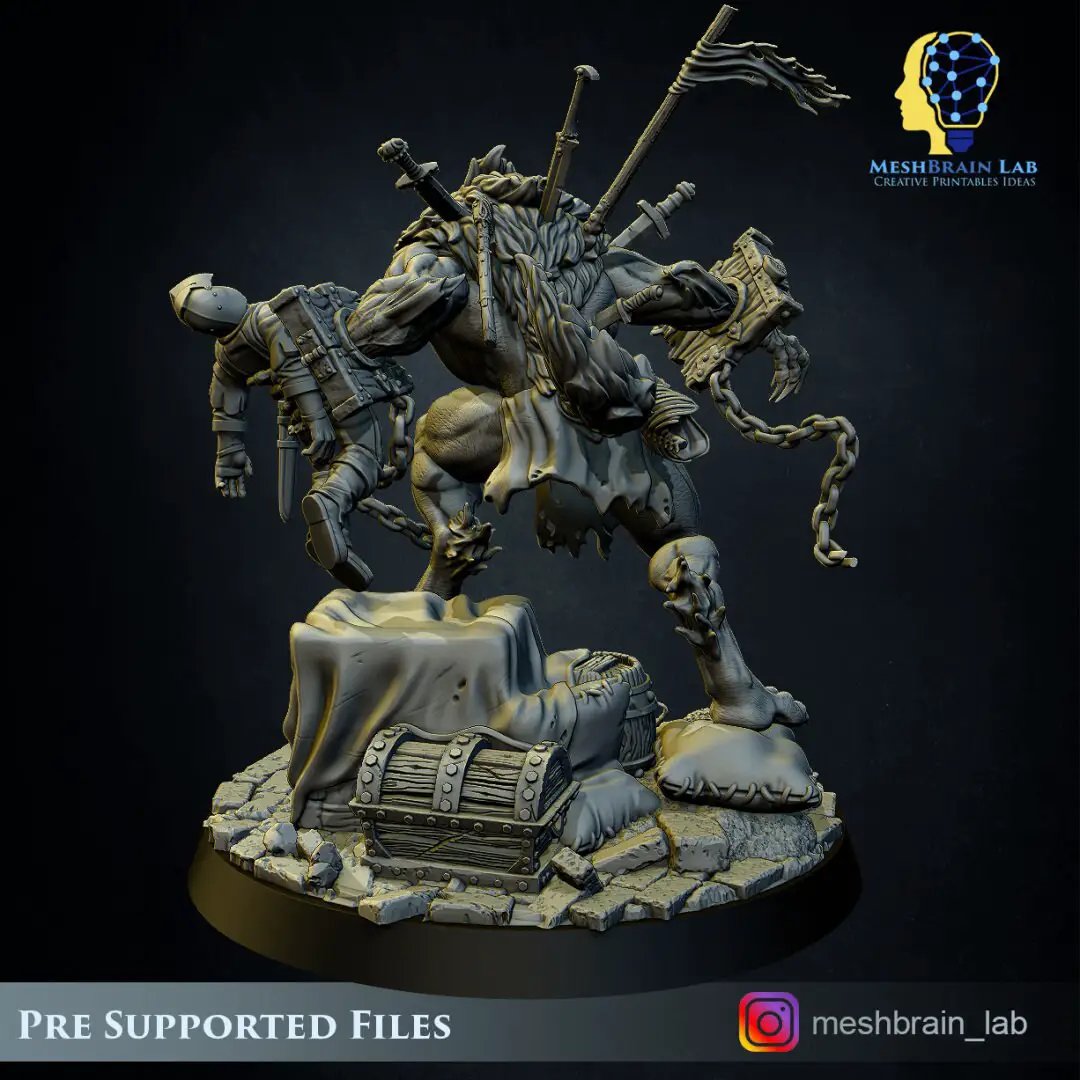 3D printed Monstrous Werewolf model by Meshbrain Labs for Last Hope Miniatures, featuring detailed fur and menacing stance.
