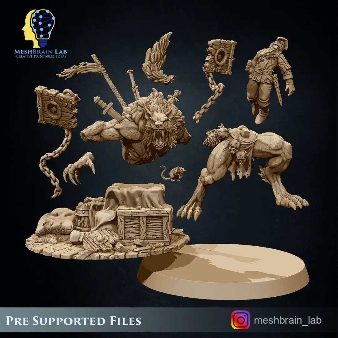 3D printed Monstrous Werewolf model by Meshbrain Labs, detailed creature sculpture from Last Hope Miniatures.