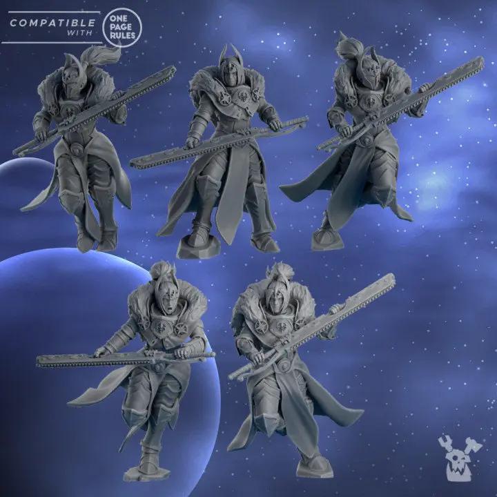 Set of five 3D printed Moon Blades models by DakkaDakka, designed for Last Hope Miniatures tabletop game.