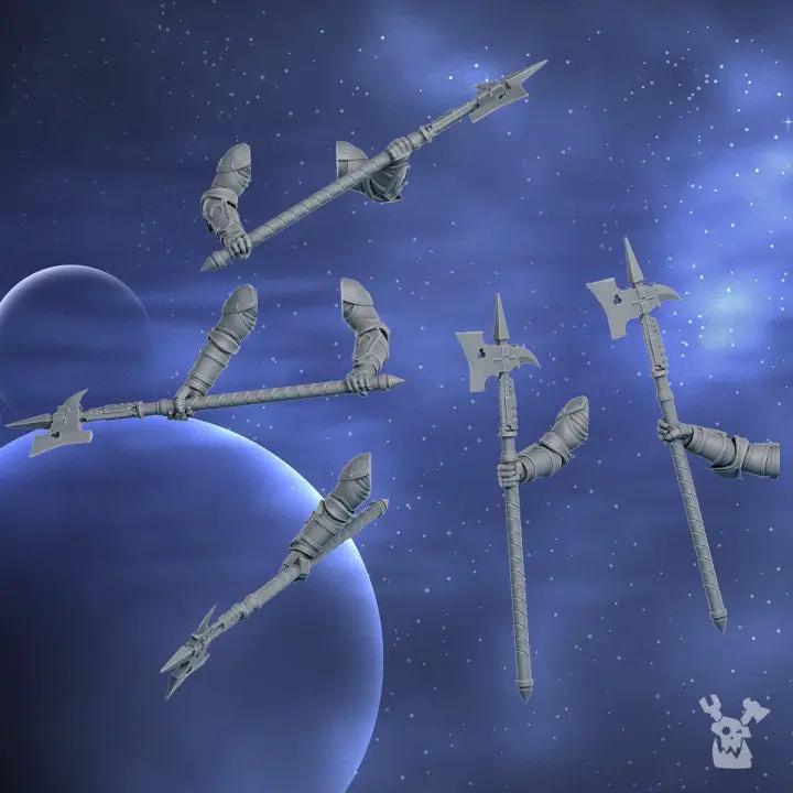 Set of five 3D printed Moon Blades models by Last Hope Miniatures, detailed fantasy weapon miniatures for tabletop gaming.