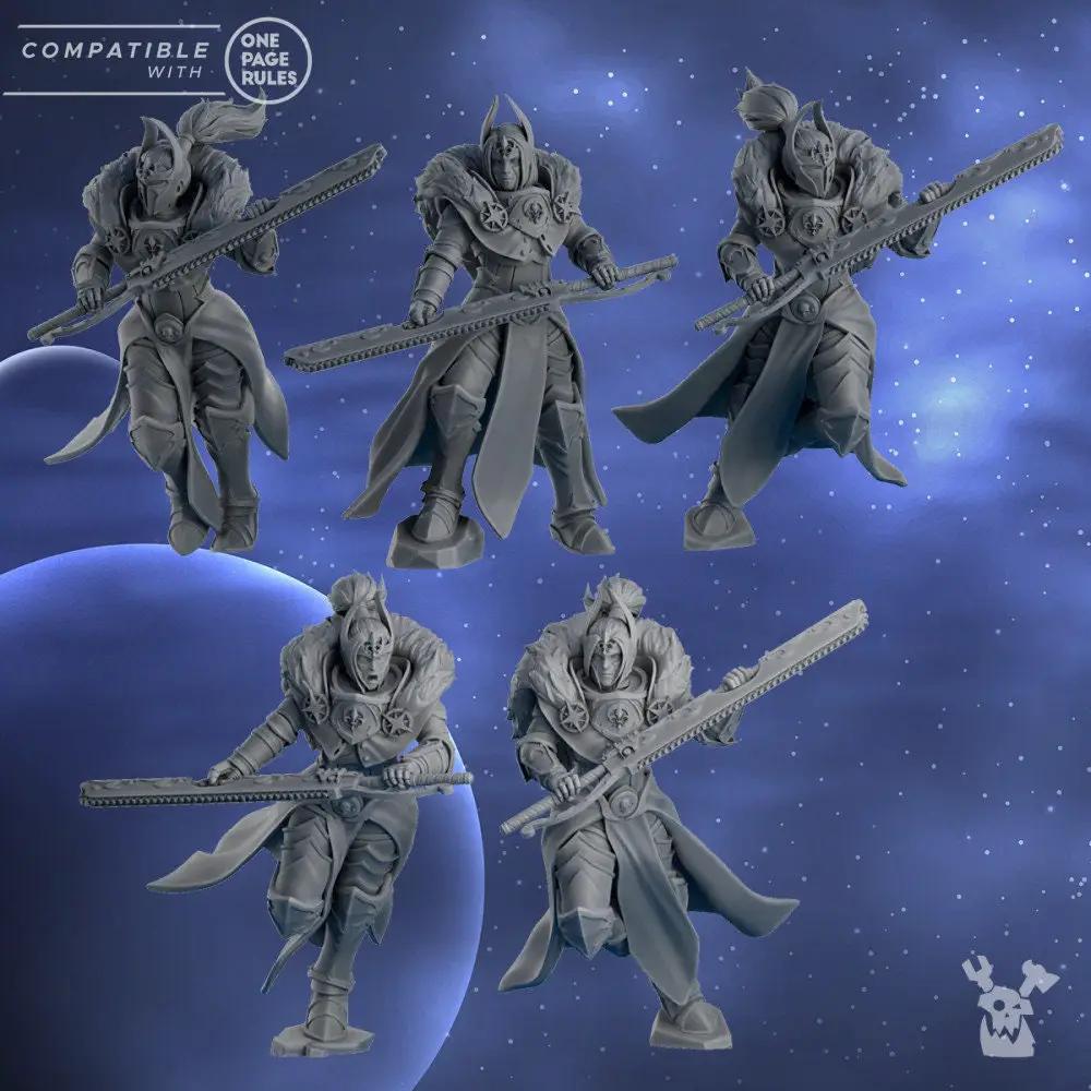 Set of five 3D printed Moon Blades model miniatures by Last Hope Miniatures, designed for tabletop gaming.