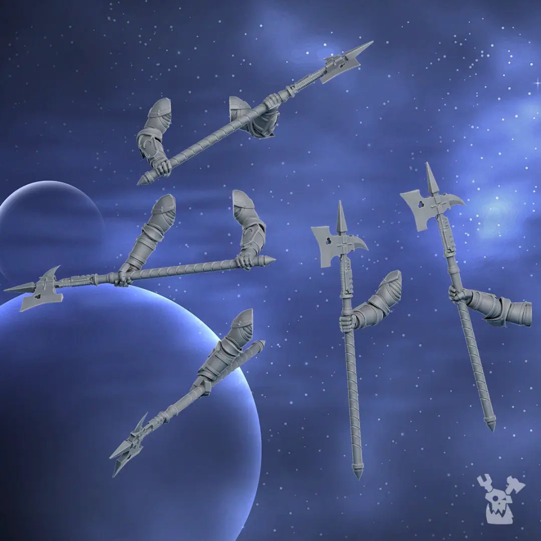 Set of five 3D printed Moon Blades model miniatures by Last Hope Miniatures for DakkaDakka Miniatures, featuring detailed sci-fi weapon designs.
