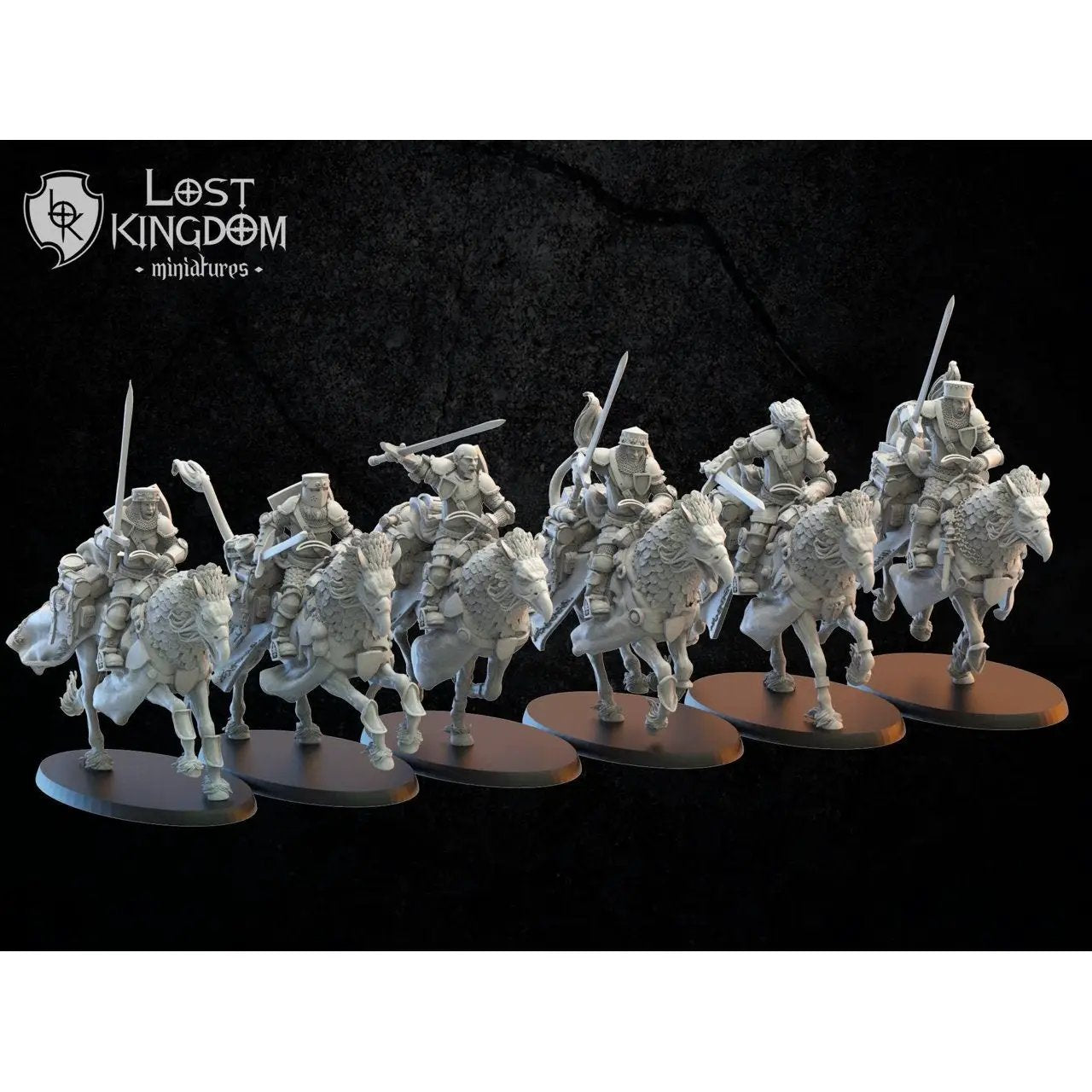 Six 3D printed mounted rangers models by Lost Kingdom Miniatures, detailed fantasy figures for tabletop gaming.