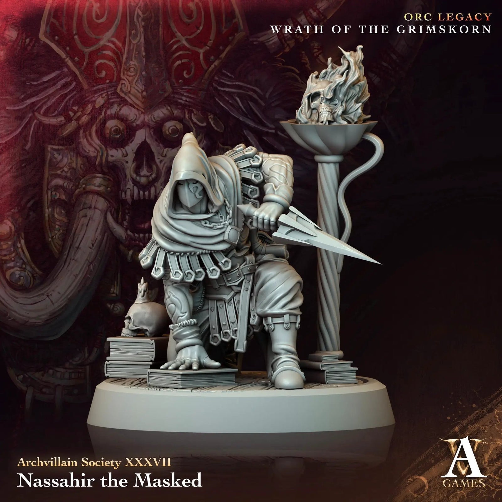 3D printed Nassahir the Masked model by Last Hope Miniatures, detailed figure from Archvillain Games, showing intricate mask and armor details.