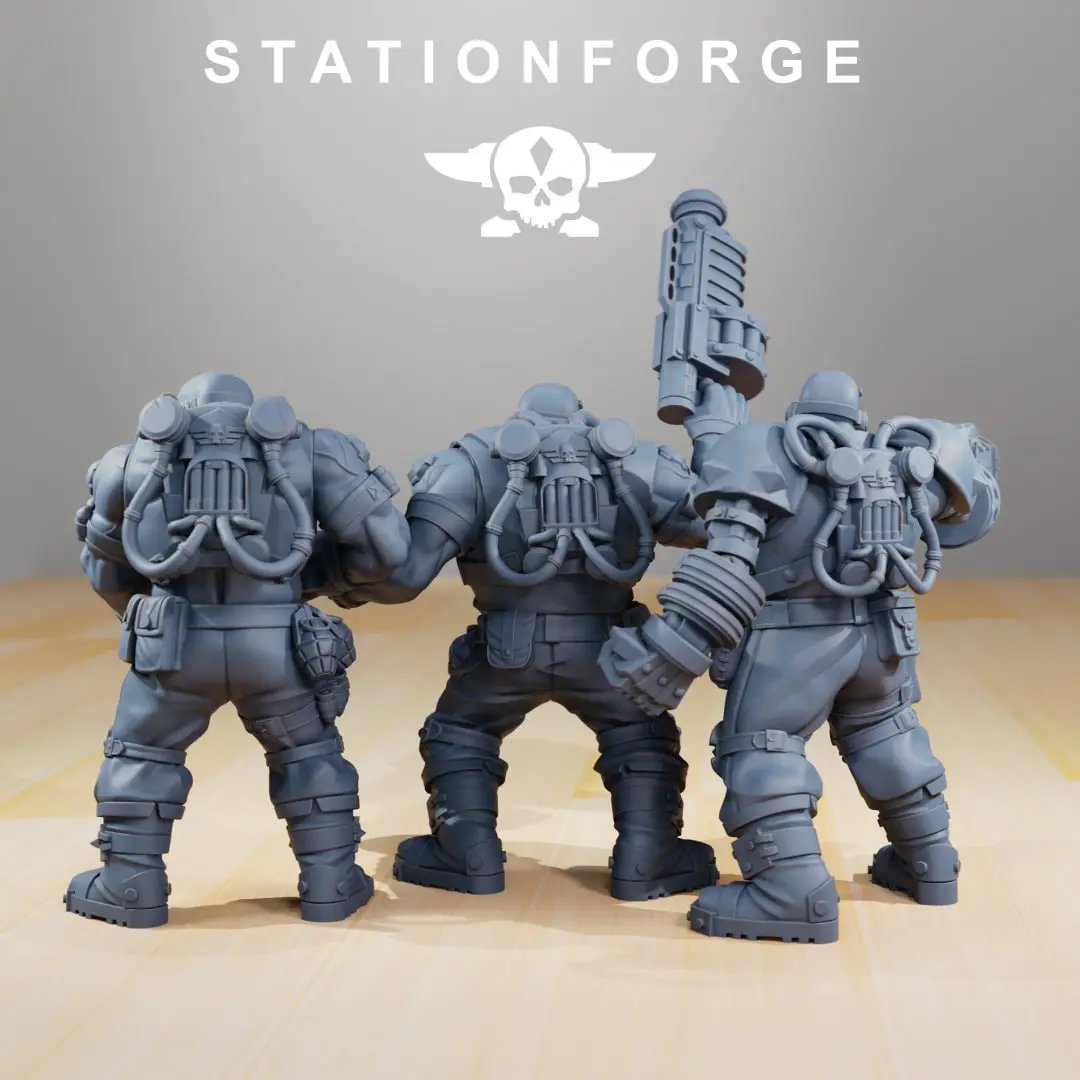 Three 3D printed National Guard Guerrillas miniatures by StationForge for Last Hope Miniatures, detailed military model figures.