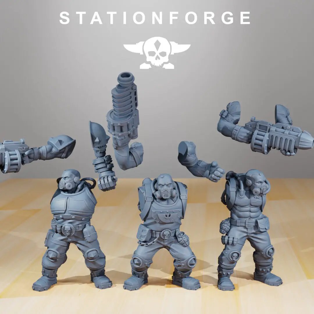 Three 3D printed National Guard Guerrilla models by StationForge Miniatures, detailed military figures for tabletop gaming.