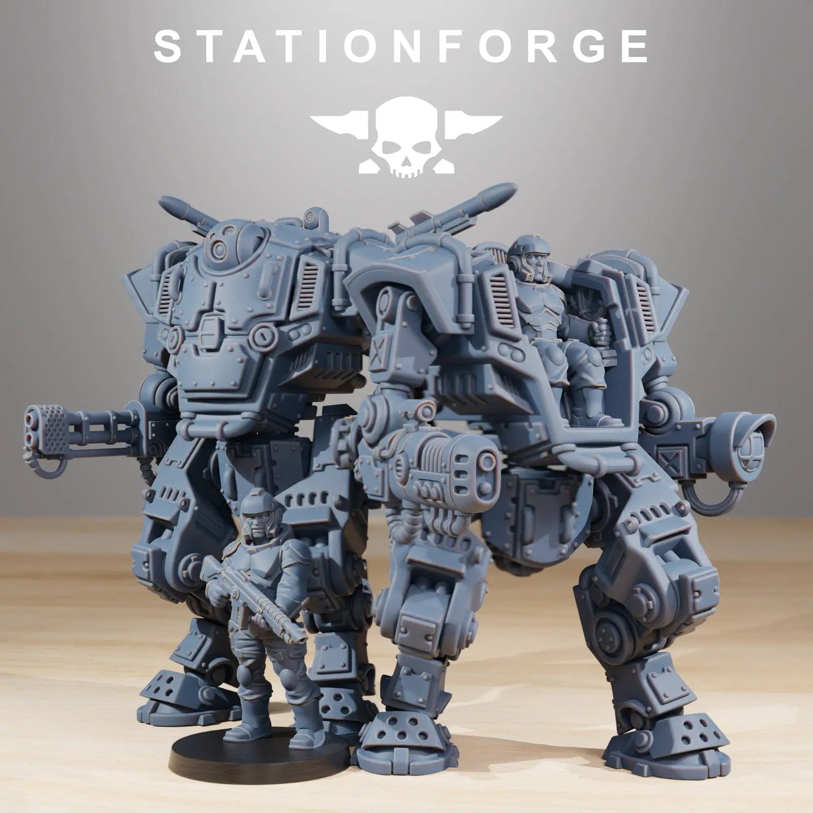 3D printed NationalGuard Warmech model by StationForge Miniatures, detailed miniature with military armor and weaponry.