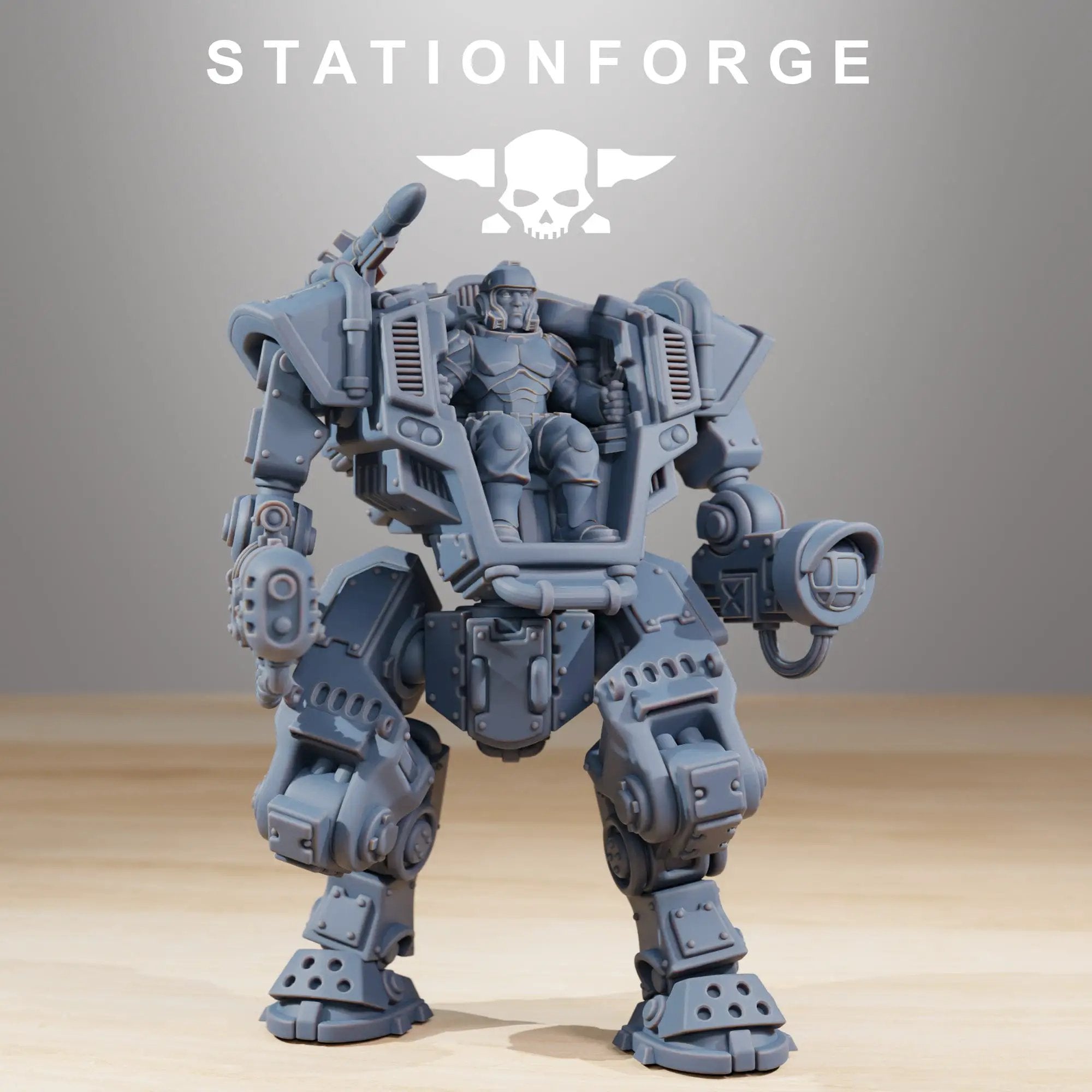 3D printed NationalGuard Warmech model by StationForge Miniatures, detailed military robot figure from Last Hope Miniatures series.