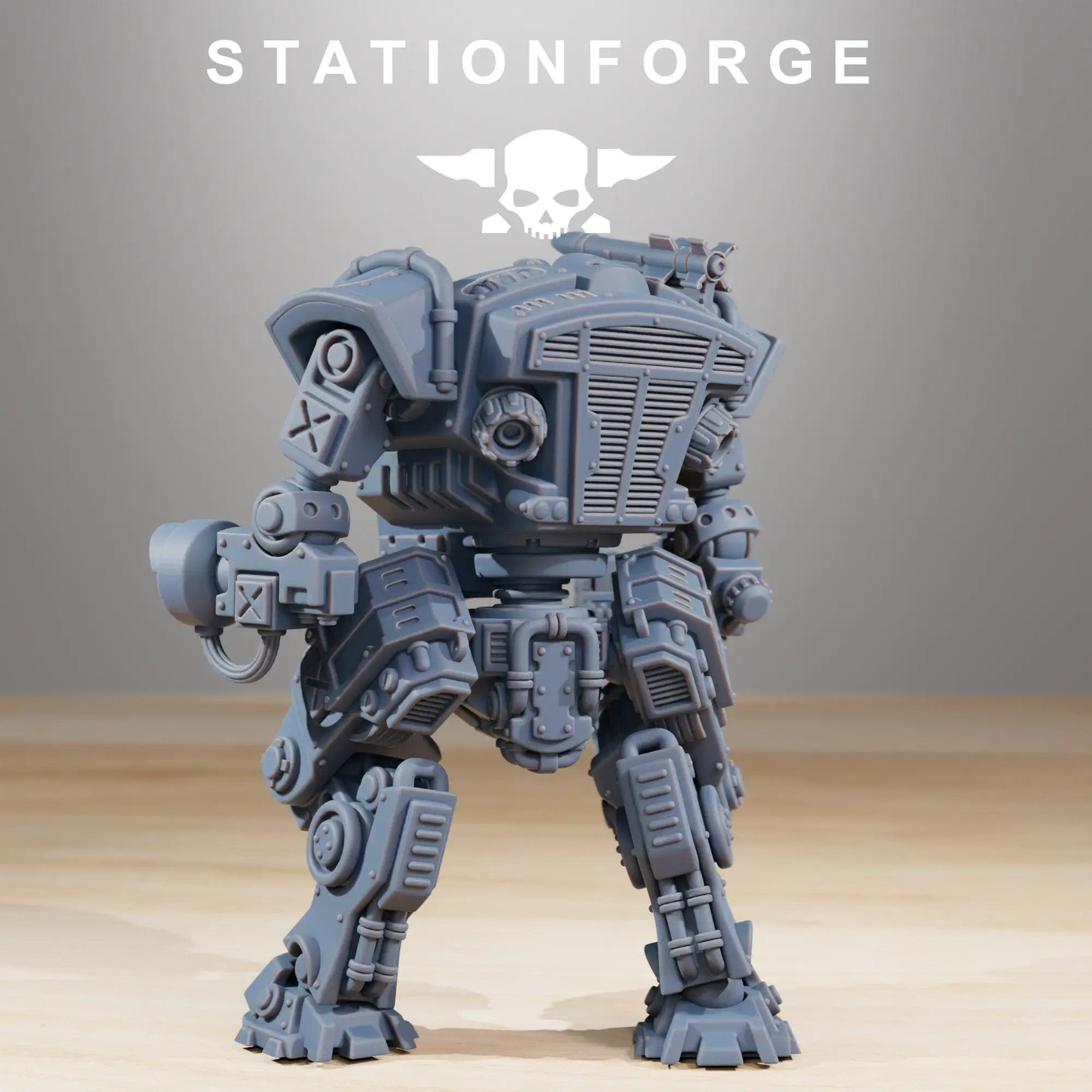 3D printed NationalGuard Warmech model by StationForge Miniatures, detailed military robot figure from Last Hope Miniatures.