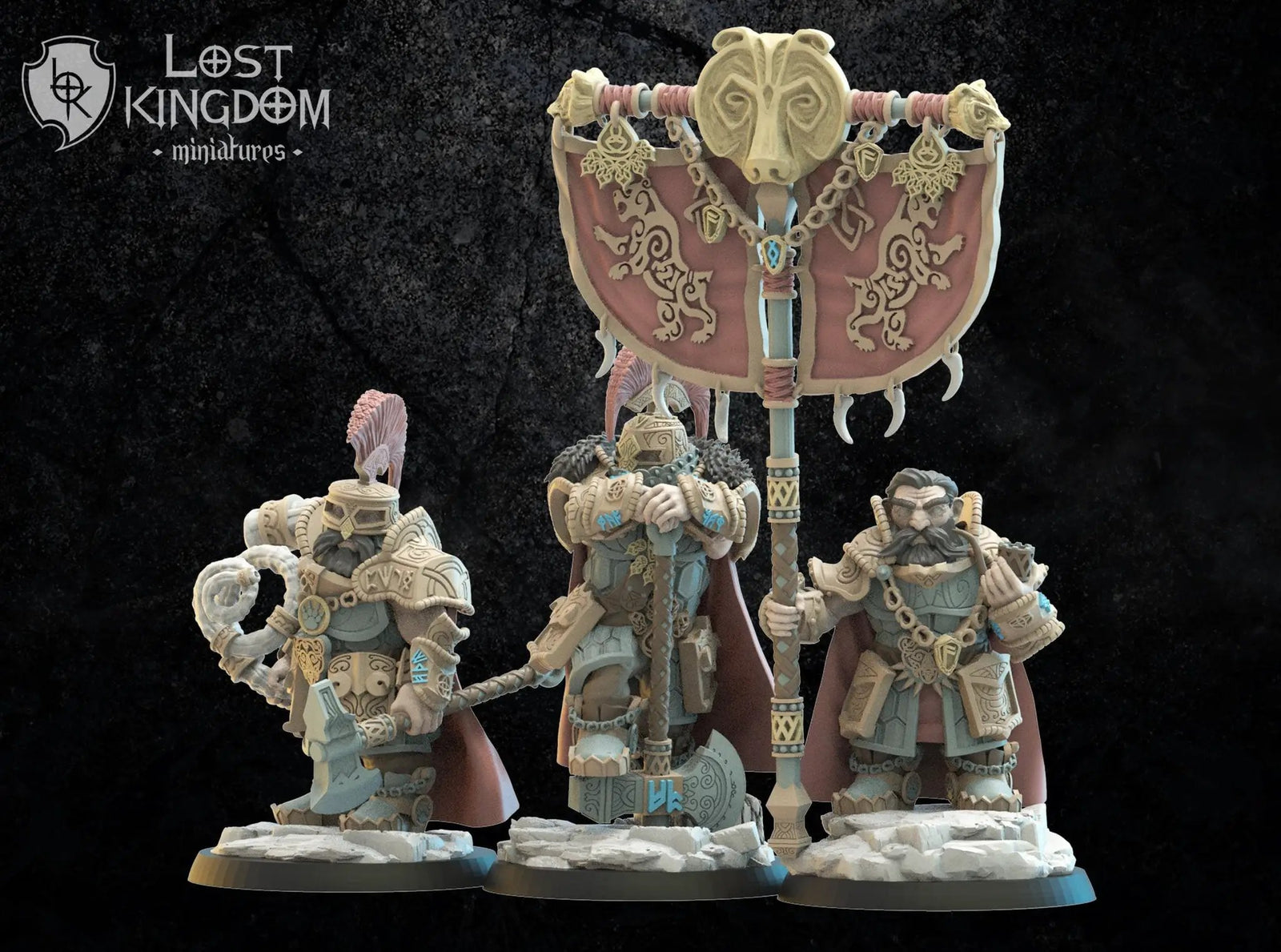 3D printed Niavellir Dwarf Command Group model by Lost Kingdom Miniatures, featuring detailed dwarf figures in commanding poses.