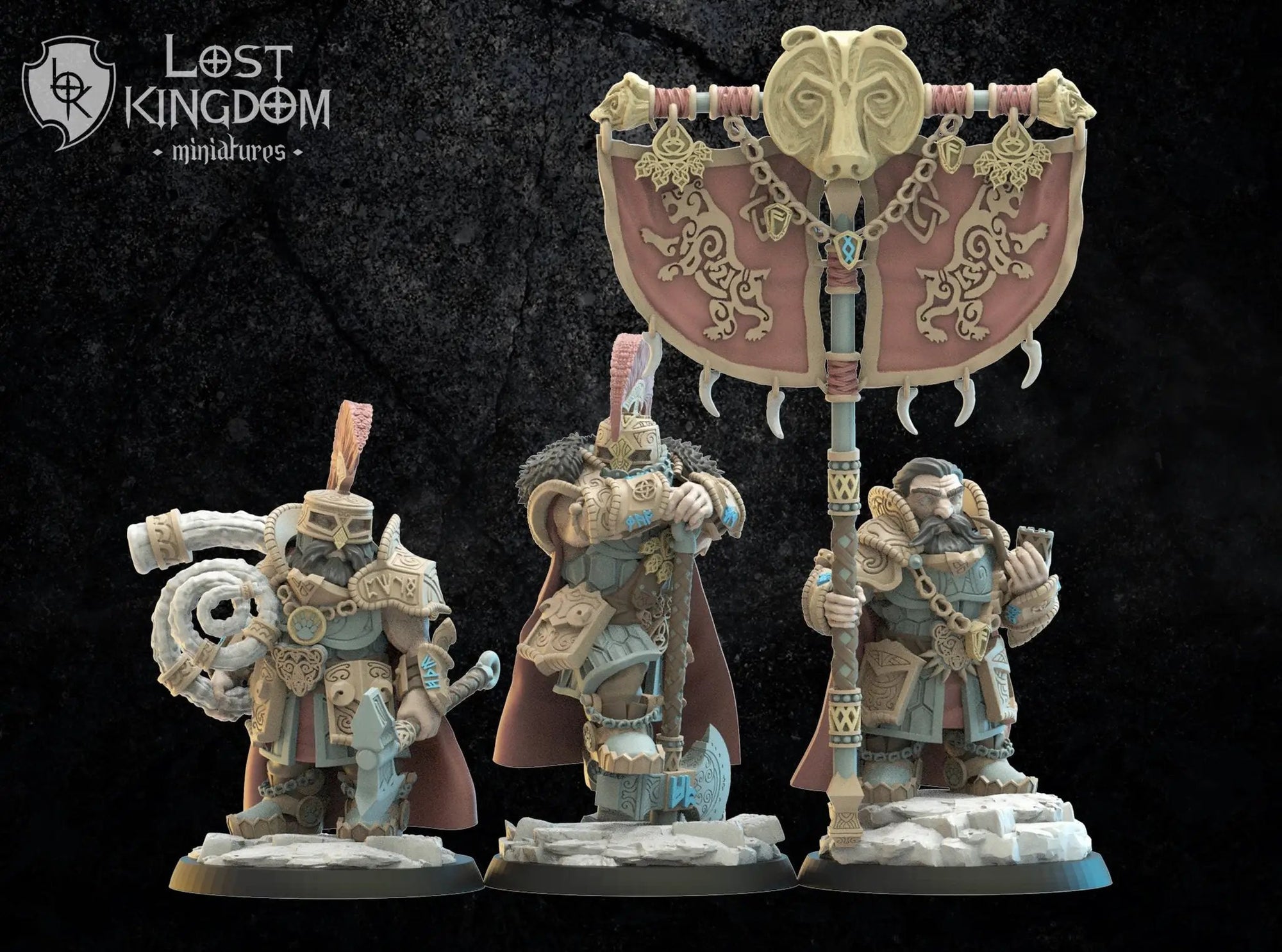 3D printed Niavellir Dwarf Command Group model by Lost Kingdom Miniatures, featuring detailed dwarf figures in commanding poses.