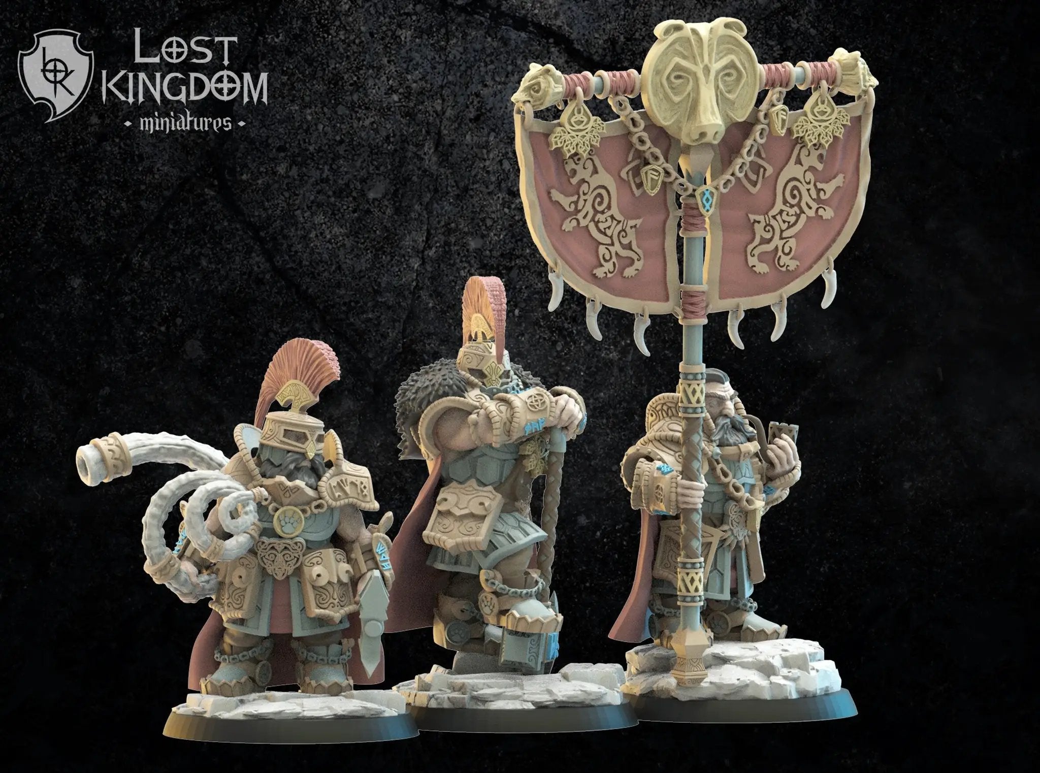 3D printed Niavellir Dwarf Command Group model by Lost Kingdom Miniatures, featuring detailed dwarf figures for tabletop gaming.