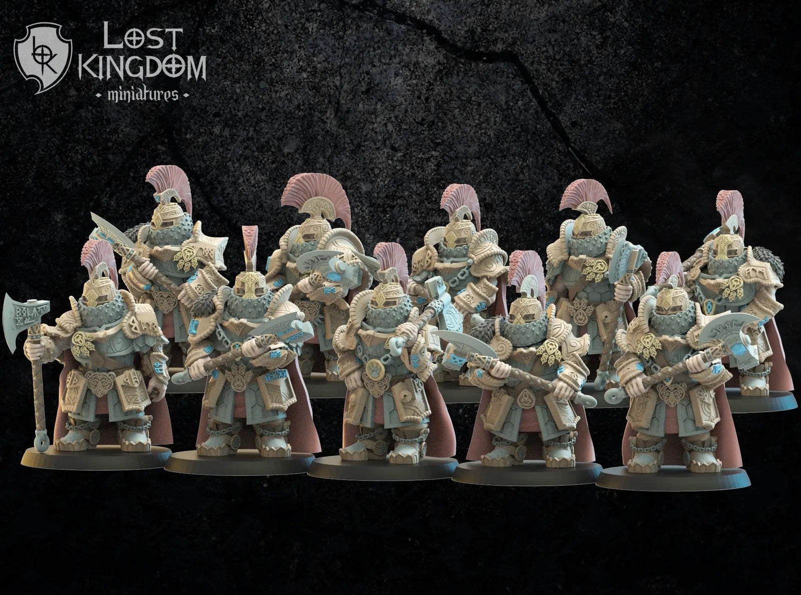 Set of 10 3D printed Niavellir Dwarf Foot Soldiers models by Lost Kingdom Miniatures, detailed fantasy dwarf combat figures.