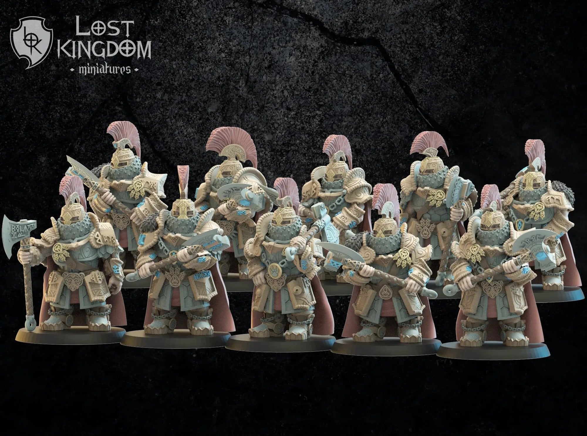 Set of 10 3D printed Niavellir Dwarf Foot Soldiers models by Lost Kingdom Miniatures, detailed fantasy dwarf combat figures.