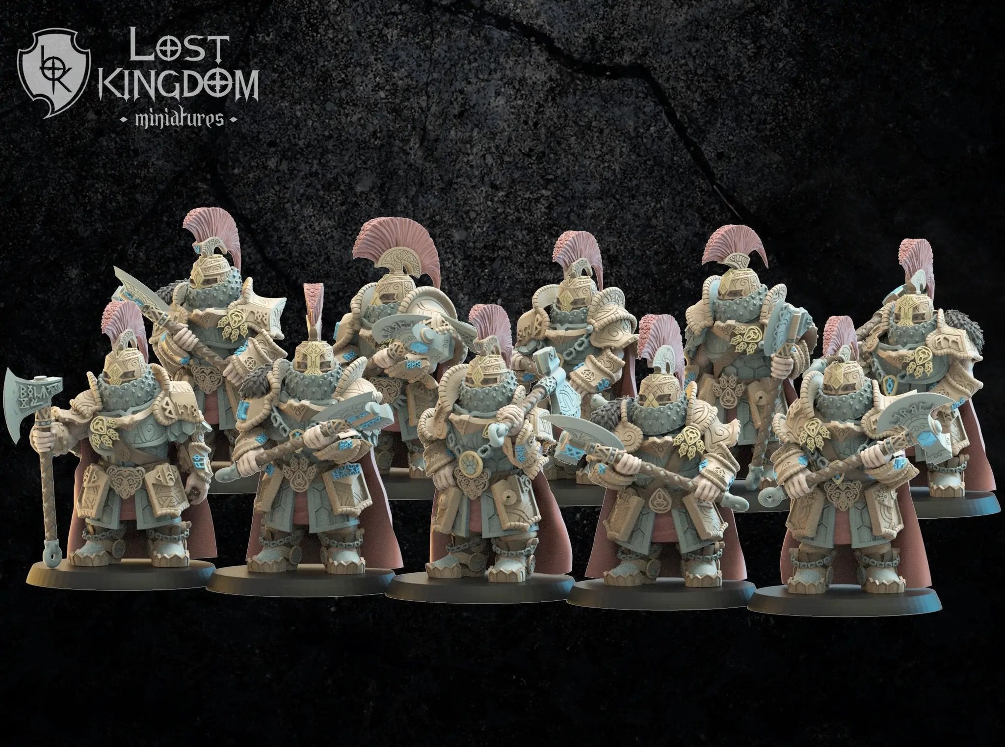 Set of 10 3D printed Niavellir Dwarf Foot Soldiers models by Lost Kingdom Miniatures, detailed fantasy dwarf combat figures.