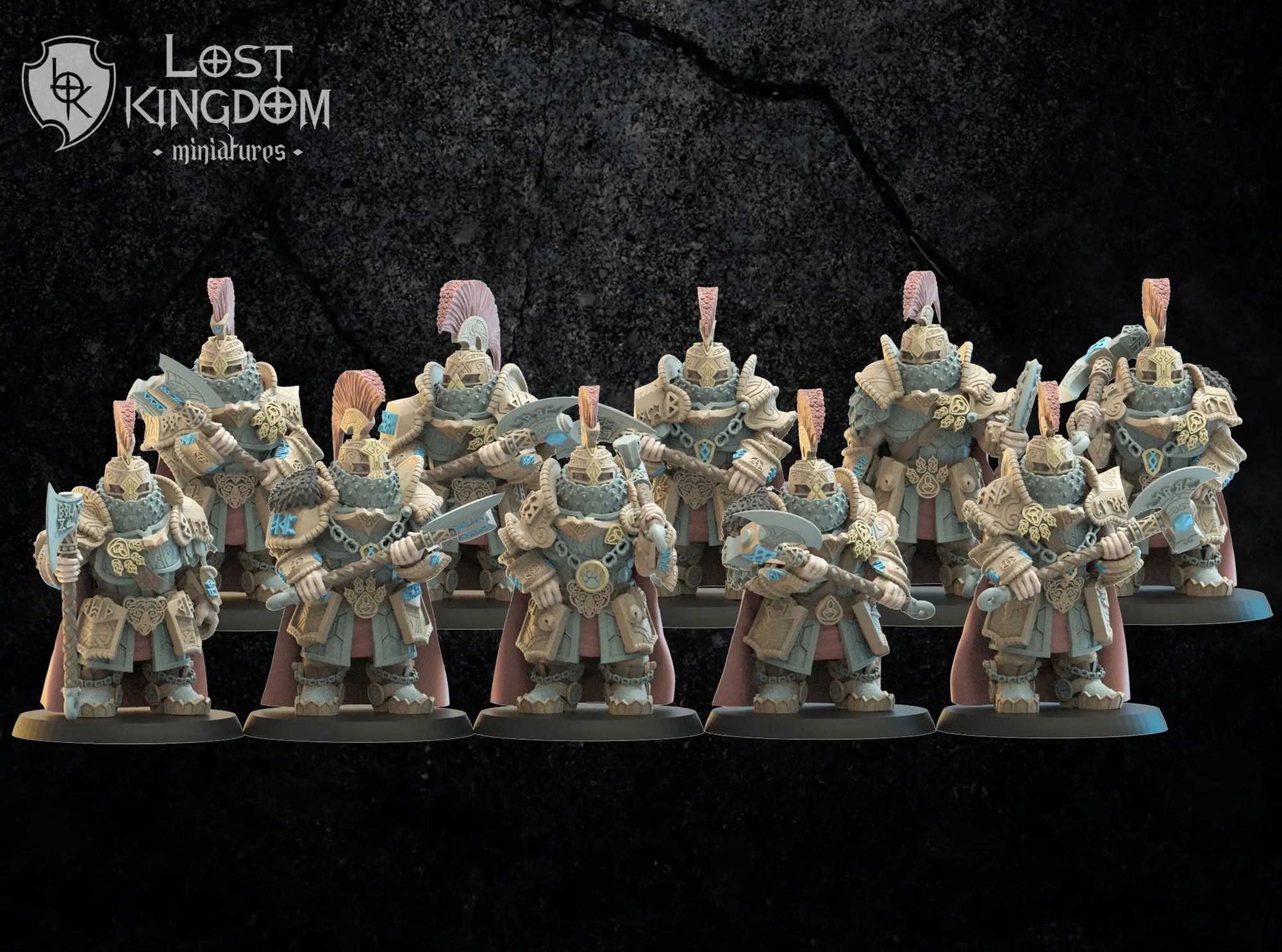 10 3D-printed Niavellir Dwarf Foot Soldiers models by Lost Kingdom Miniatures, detailed fantasy dwarf warrior figures.