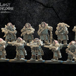 Ten 3D printed Niavellir Dwarf Riflemen models by Last Hope Miniatures for Lost Kingdom Miniatures, detailed dwarf warrior figures.