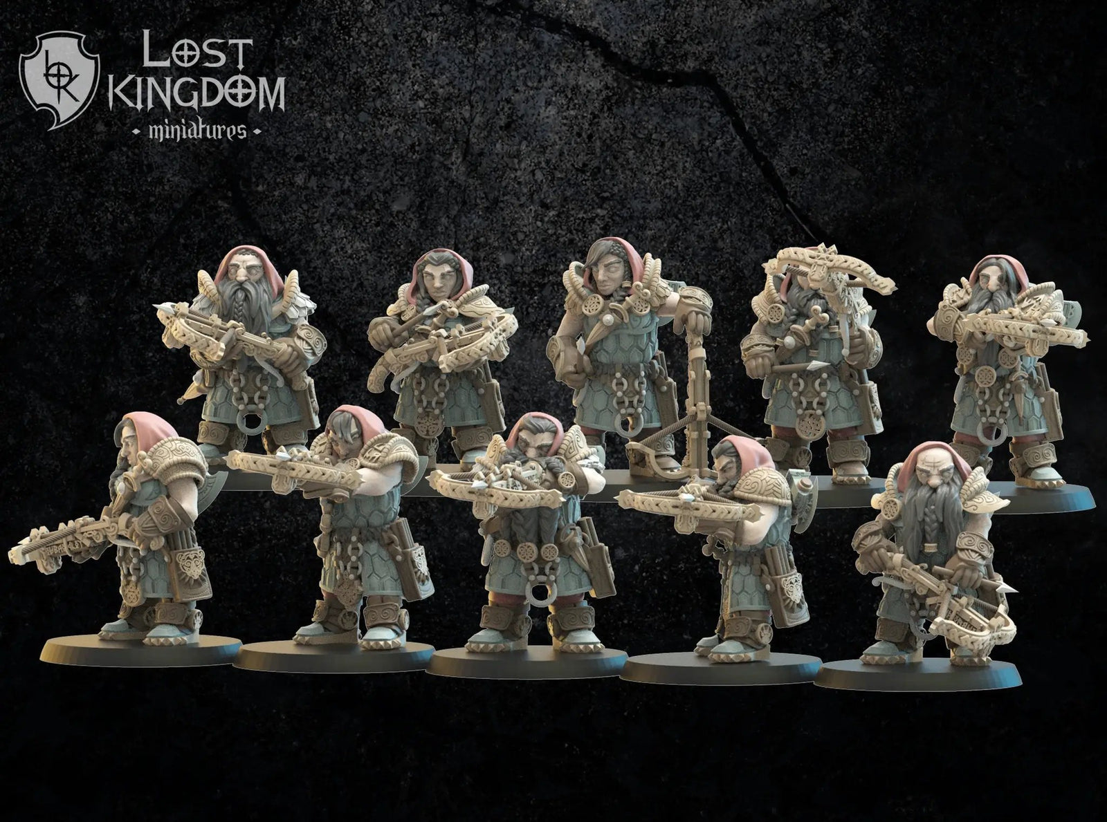 Ten 3D printed Niavellir Dwarf Riflemen models by Last Hope Miniatures for Lost Kingdom Miniatures, detailed dwarf warrior figures.
