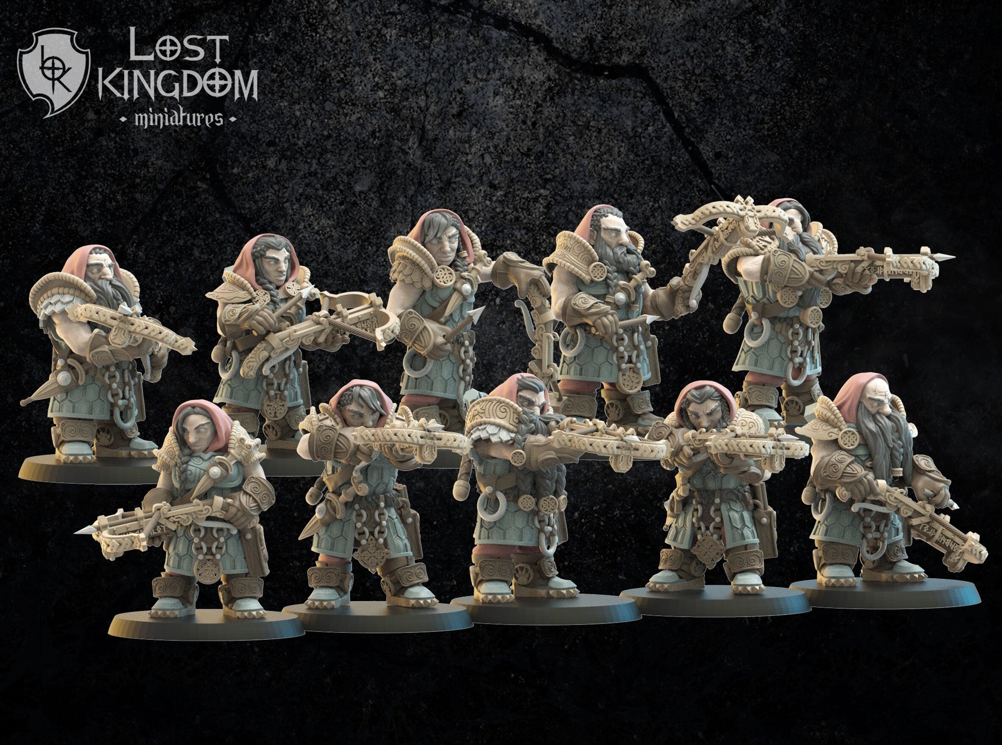 Set of 10 3D printed Niavellir Dwarf Riflemen models by Lost Kingdom Miniatures, detailed fantasy dwarf soldiers for tabletop gaming.