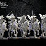 Five 3D printed Night Elf Shadow Knights models by Lost Kingdom Miniatures, detailed fantasy miniatures for tabletop gaming.