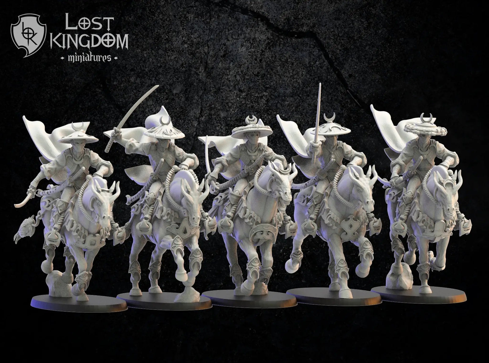 Five 3D printed Night Elf Shadow Knights models by Lost Kingdom Miniatures, detailed fantasy miniatures for tabletop gaming.