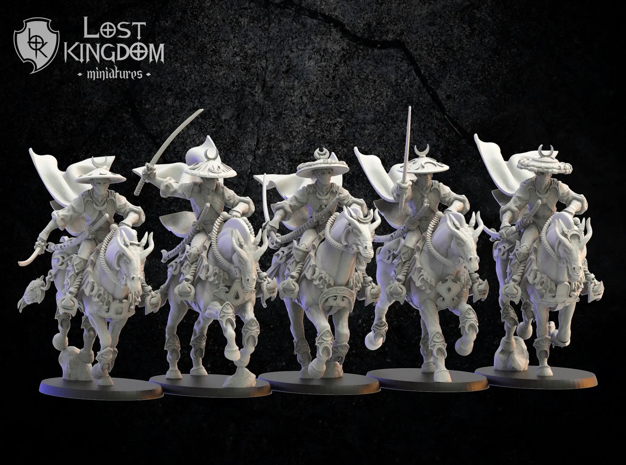 Five 3D printed Night Elf Shadow Knights models by Lost Kingdom Miniatures, detailed fantasy miniatures for tabletop gaming.