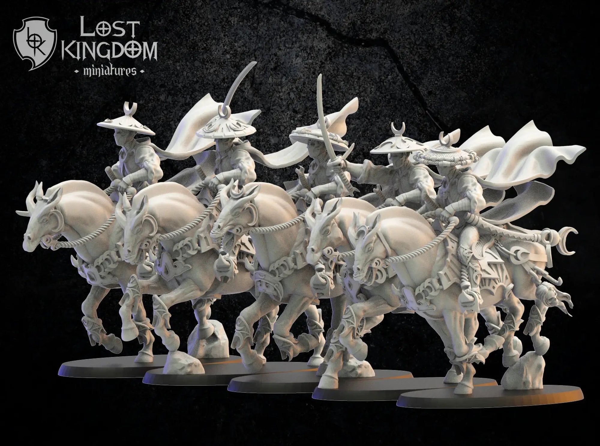 Five 3D printed Night Elf Shadow Knights models by Lost Kingdom Miniatures, assembled and painted with detailed armor and weapons.